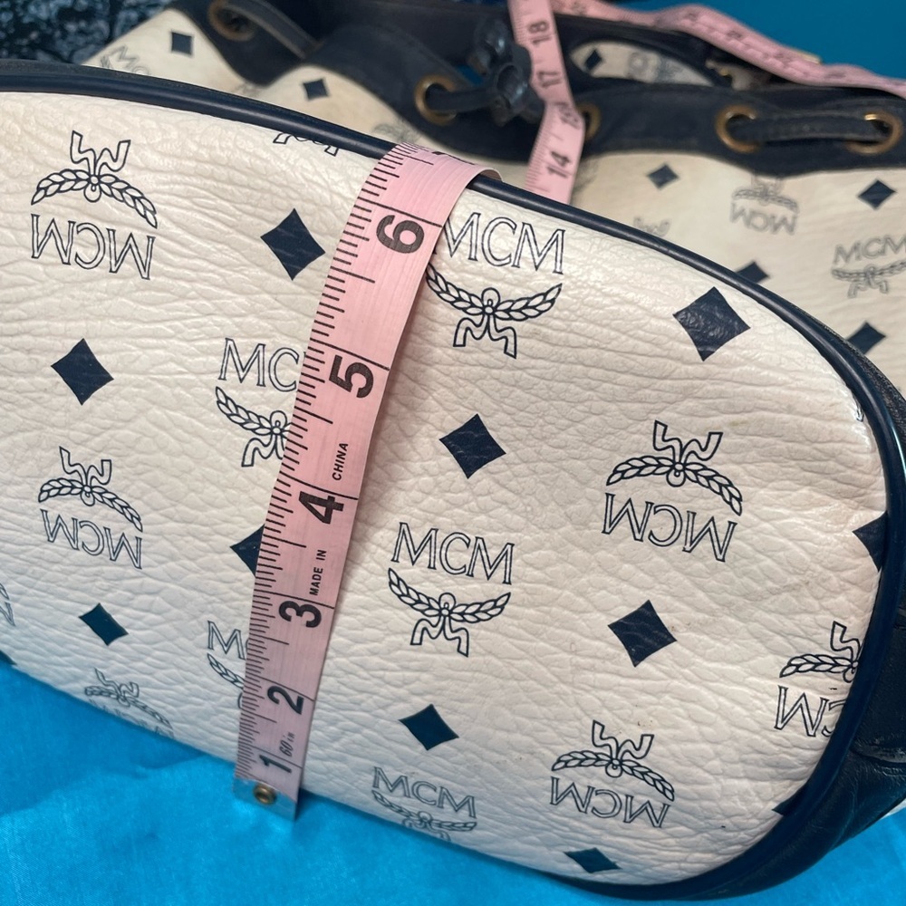 MCM White and Blue Monogram Drawstring Bucket Shoulder Bag - Picture 12 of 14